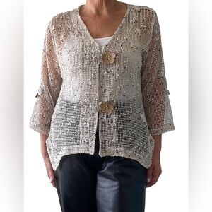 Nina Leonard ivory mesh knit top EUC Size L